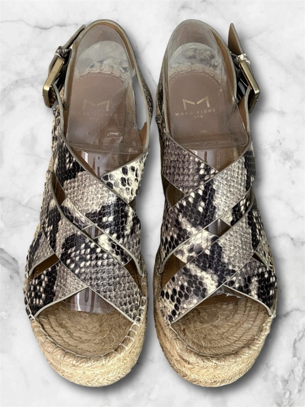 Marc Fisher Platform Espadrille Wedge Leather Snakeskin Sandals Size 6 - Picture 2 of 14